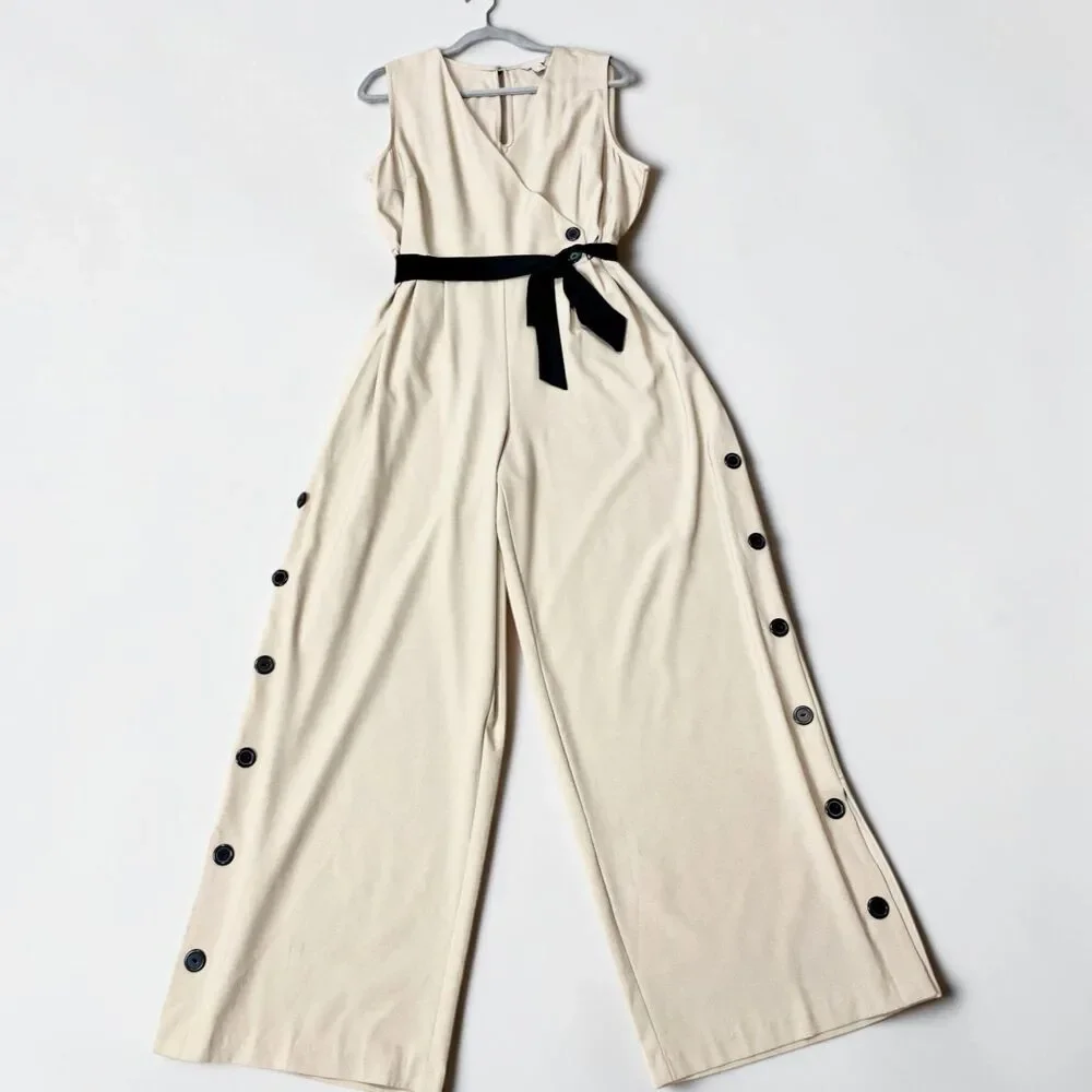 NWT Cato Jumpsuit 14/16W Beige Tan Wide Leg Side Slit Button Accent Belted Wrap
